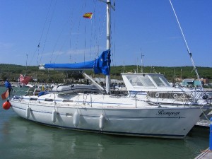 Rampage on her new berth in Barbate - headsail removed for repairs