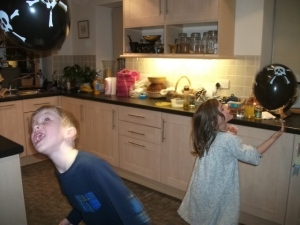 Encouraged by Granny, who provide the balloons, Jess and Charlie get nicely wound up and excited just before bedtime!