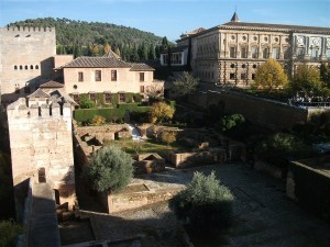 Inside the Alhambra, taken from the Alcazaba and looking towards the palace of Carlos V and the Nasrid Palaces