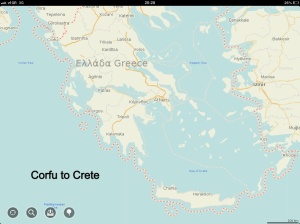 Overview of the Ionian and Crete.  Note: red dotted line is 3 mile limit, NOT our course!