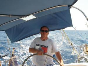 Pete takes the helm on our first sail from Kefalonia to Kalamos