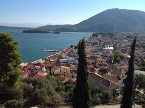 Looking down on Vonitsa from the castle.  Note the island linked by an isthmus in the background.