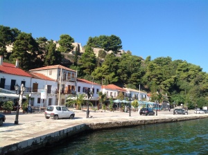 The waterfront at Vonitsa ( Taverns Mikanis with bright blue canopy supports to the right)
